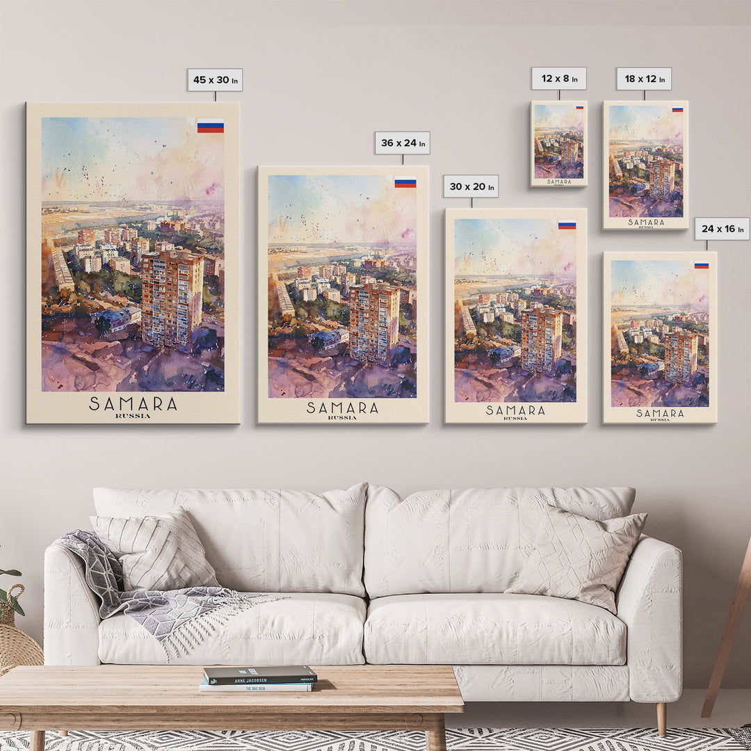 Samara Russia Travel Poster Framed Canvas Print, Watercolor Painting, Scenic Wall Art, Home Decor, Russian Landscape, Vibrant Decor