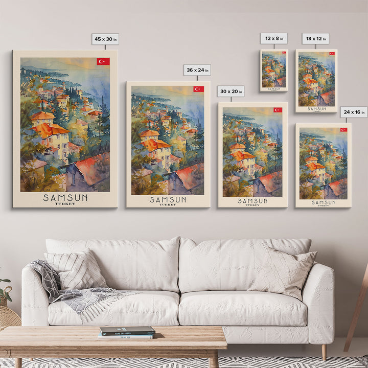Samsun Turkey Travel Poster Framed Canvas Print, Watercolor Painting, Coastal Wall Art, Home Decor, Turkish Seaside, Modern Decor