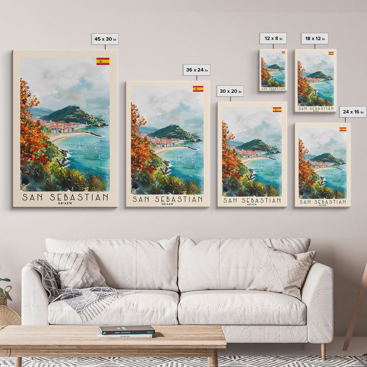 San Sebastian Spain Travel Poster Framed Canvas Print, Watercolor Painting, Coastal Wall Art, Home Decor, Spanish Seaside, Vibrant Art