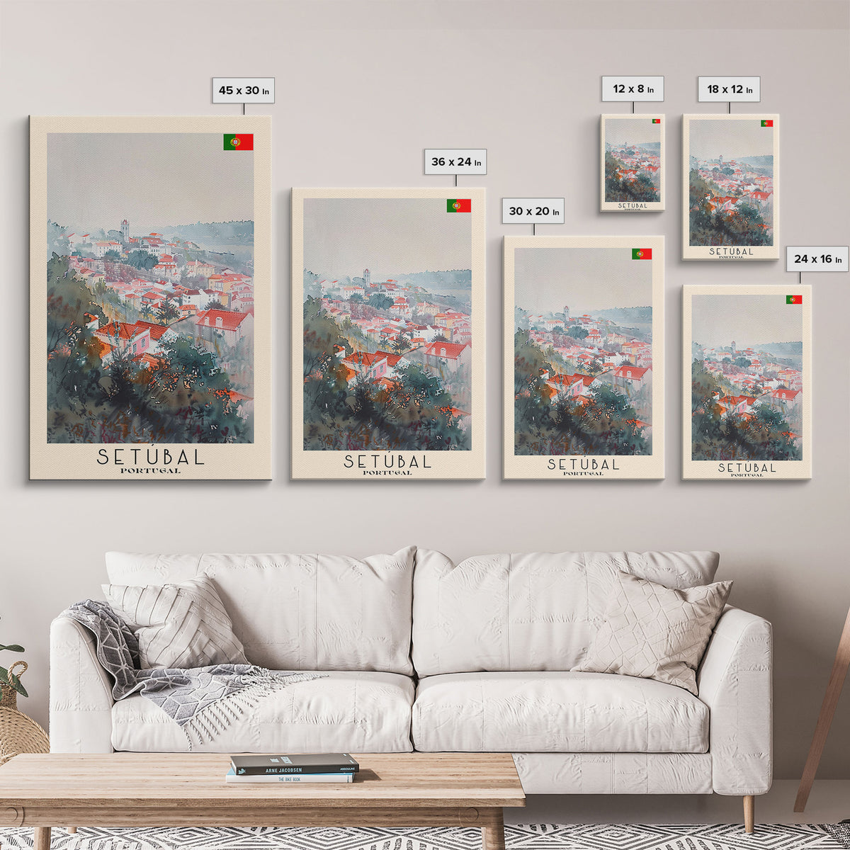 Setubal Portugal Travel Poster Framed Canvas Print, Watercolor Painting, Coastal Wall Art, Home Decor, Portuguese Seaside, Artistic Art