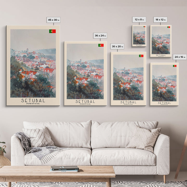 Setubal Portugal Travel Poster Framed Canvas Print, Watercolor Painting, Coastal Wall Art, Home Decor, Portuguese Seaside, Artistic Art
