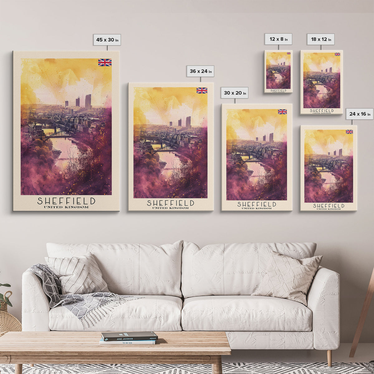 Sheffield United Kingdom Travel Poster Framed Canvas Print, Watercolor Painting, Urban Wall Art, Home Decor, British Cityscape, Artistic Decor