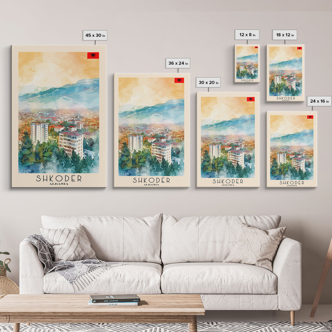 Shkoder Albania Travel Poster Framed Canvas Print, Watercolor Painting, Scenic Wall Art, Home Decor, Albanian Landscape, Classic Art