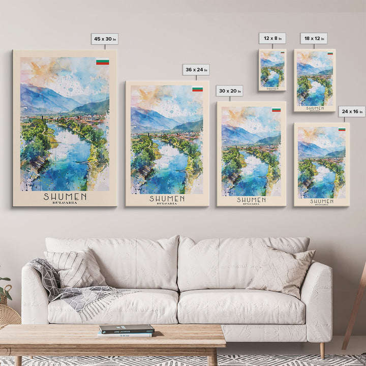 Shumen Bulgaria Travel Poster Framed Canvas Print, Watercolor Painting, Scenic Wall Art, Home Decor, Bulgarian Landscape, Classic Art