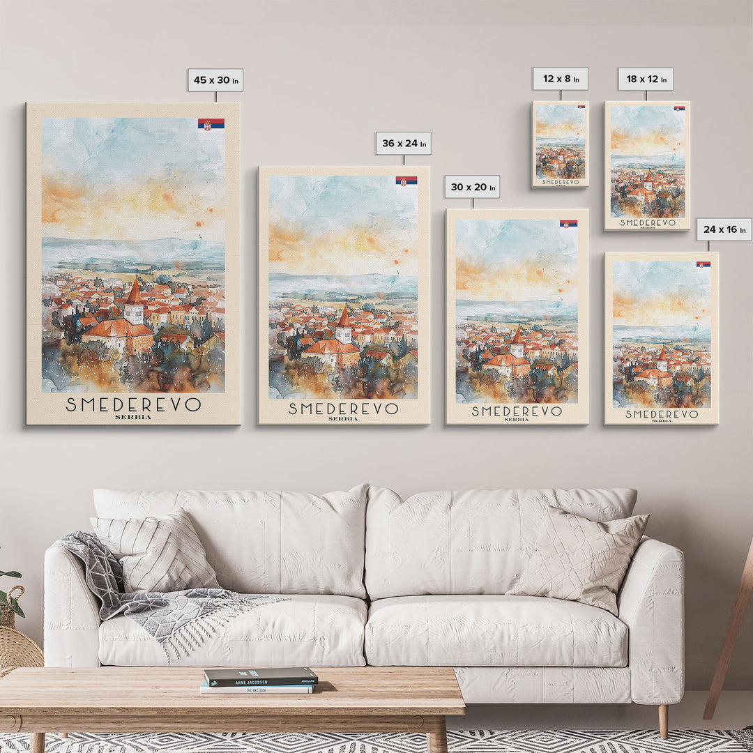 Smederevo Serbia Travel Poster Framed Canvas Print, Watercolor Painting, Scenic Wall Art, Home Decor, Serbian Cityscape, Modern Art