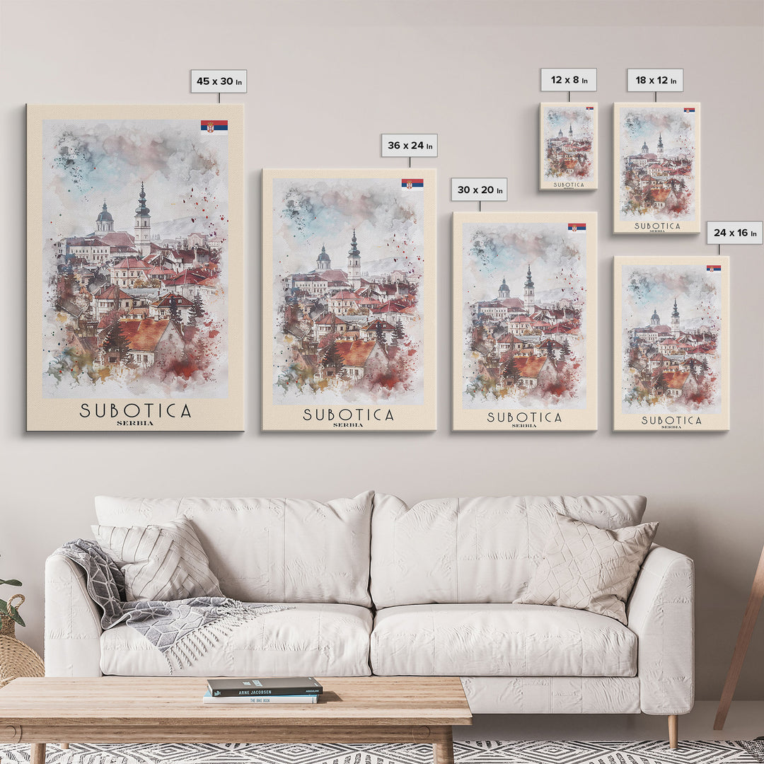 Subotica Serbia Travel Poster Framed Canvas Print, Watercolor Painting, Scenic Wall Art, Home Decor, Serbian Landscape, Vibrant Decor