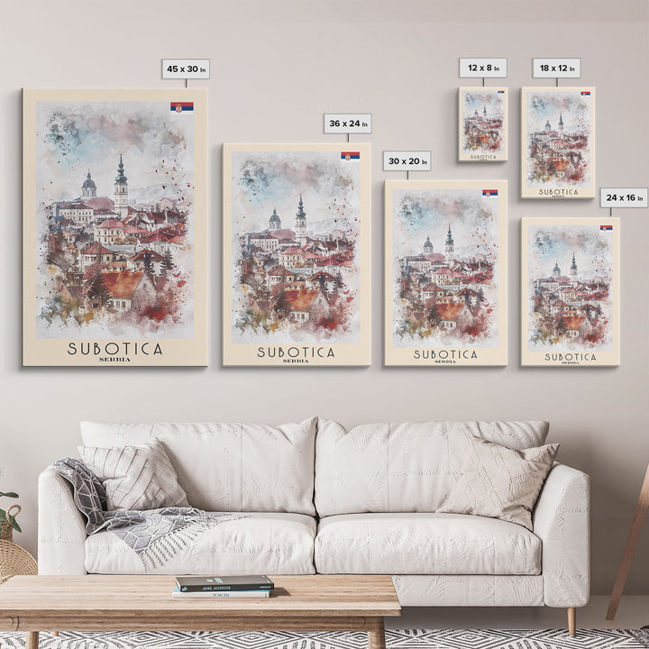 Subotica Serbia Travel Poster Framed Canvas Print, Watercolor Painting, Scenic Wall Art, Home Decor, Serbian Landscape, Vibrant Decor