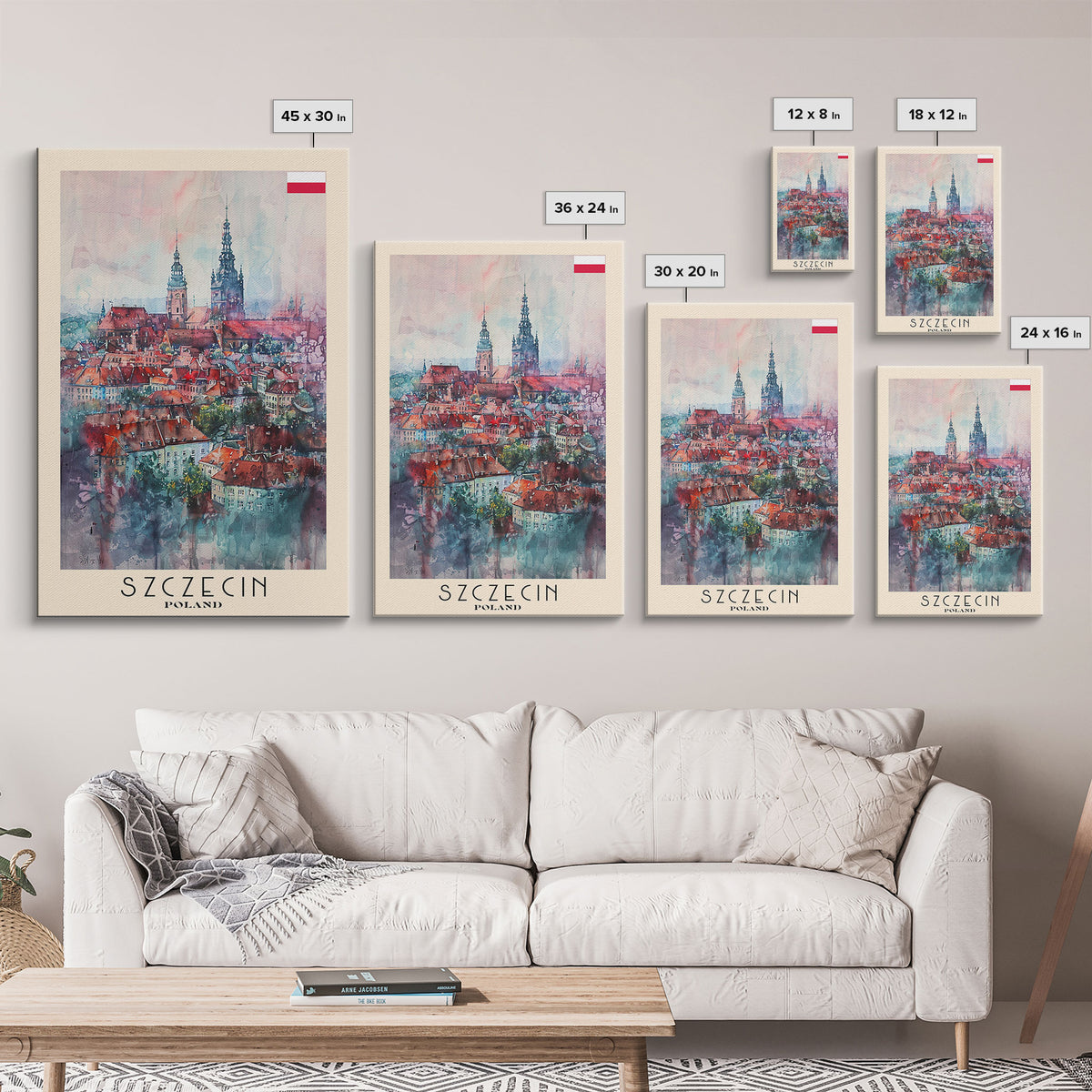 Szczecin Poland Travel Poster Framed Canvas Print, Watercolor Painting, Urban Wall Art, Home Decor, Polish Cityscape, Modern Decor