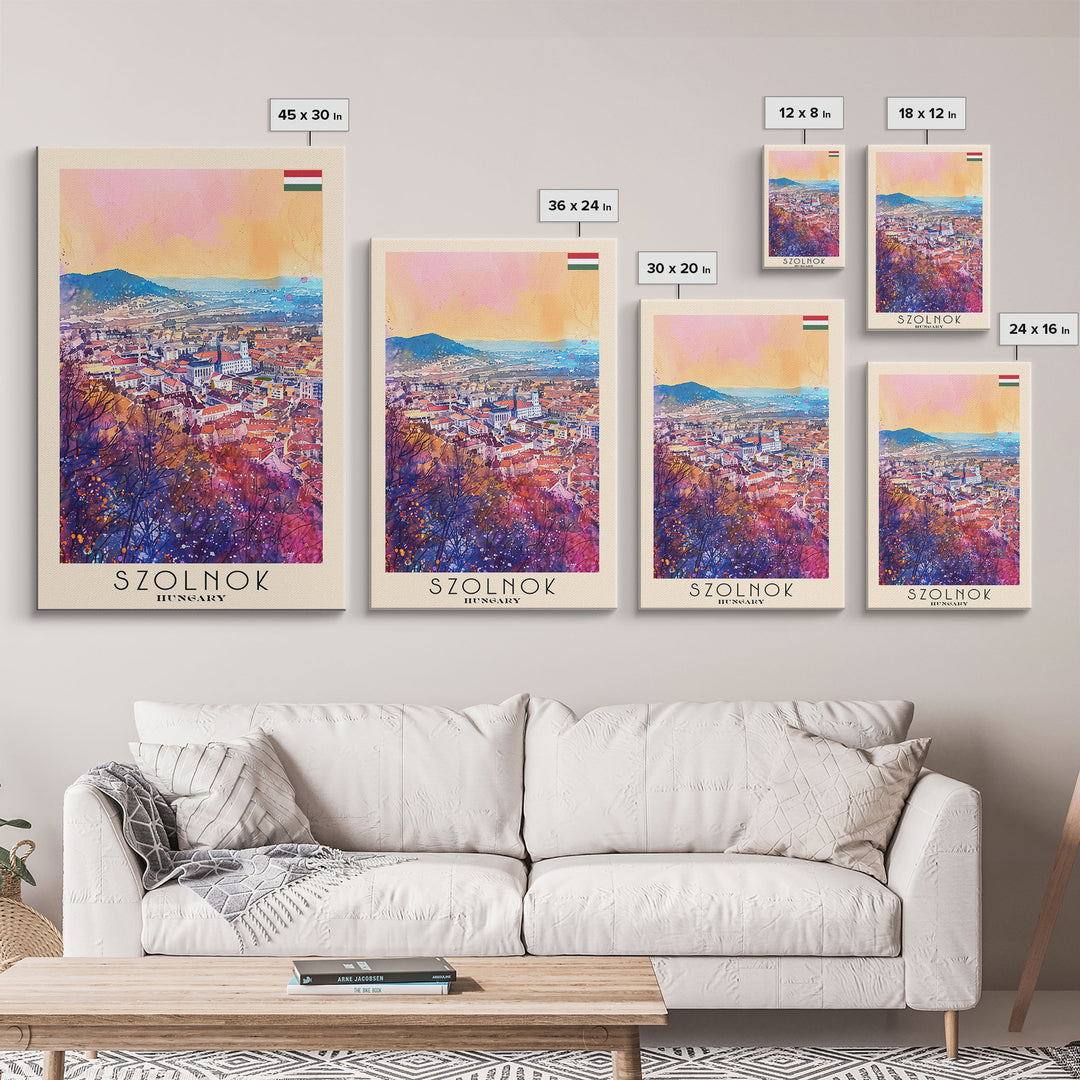 Szolnok Hungary Travel Poster Framed Canvas Print, Watercolor Painting, Scenic Wall Art, Home Decor, Hungarian Landscape, Traditional Art