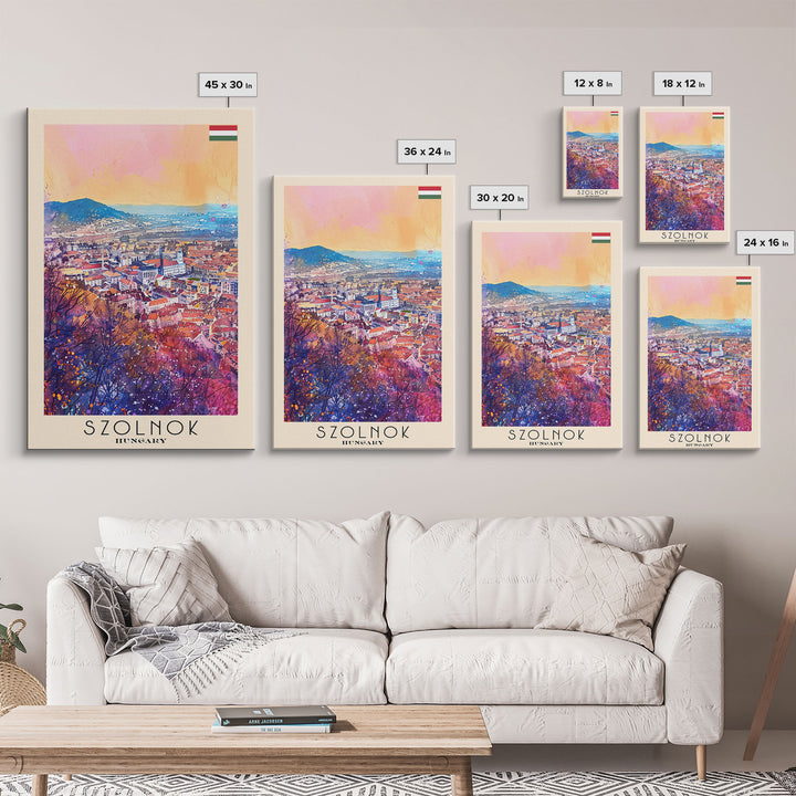 Szolnok Hungary Travel Poster Framed Canvas Print, Watercolor Painting, Scenic Wall Art, Home Decor, Hungarian Landscape, Traditional Art