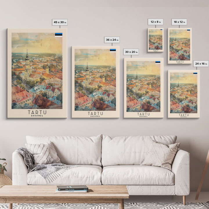 Tartu Estonia Travel Poster Framed Canvas Print, Watercolor Painting, Scenic Wall Art, Home Decor, Estonian Cityscape, Modern Decor