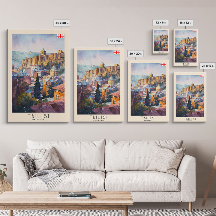 Tbilisi Georgia Travel Poster Framed Canvas Print, Watercolor Painting, Urban Wall Art, Home Decor, Georgian Cityscape, Artistic Decor