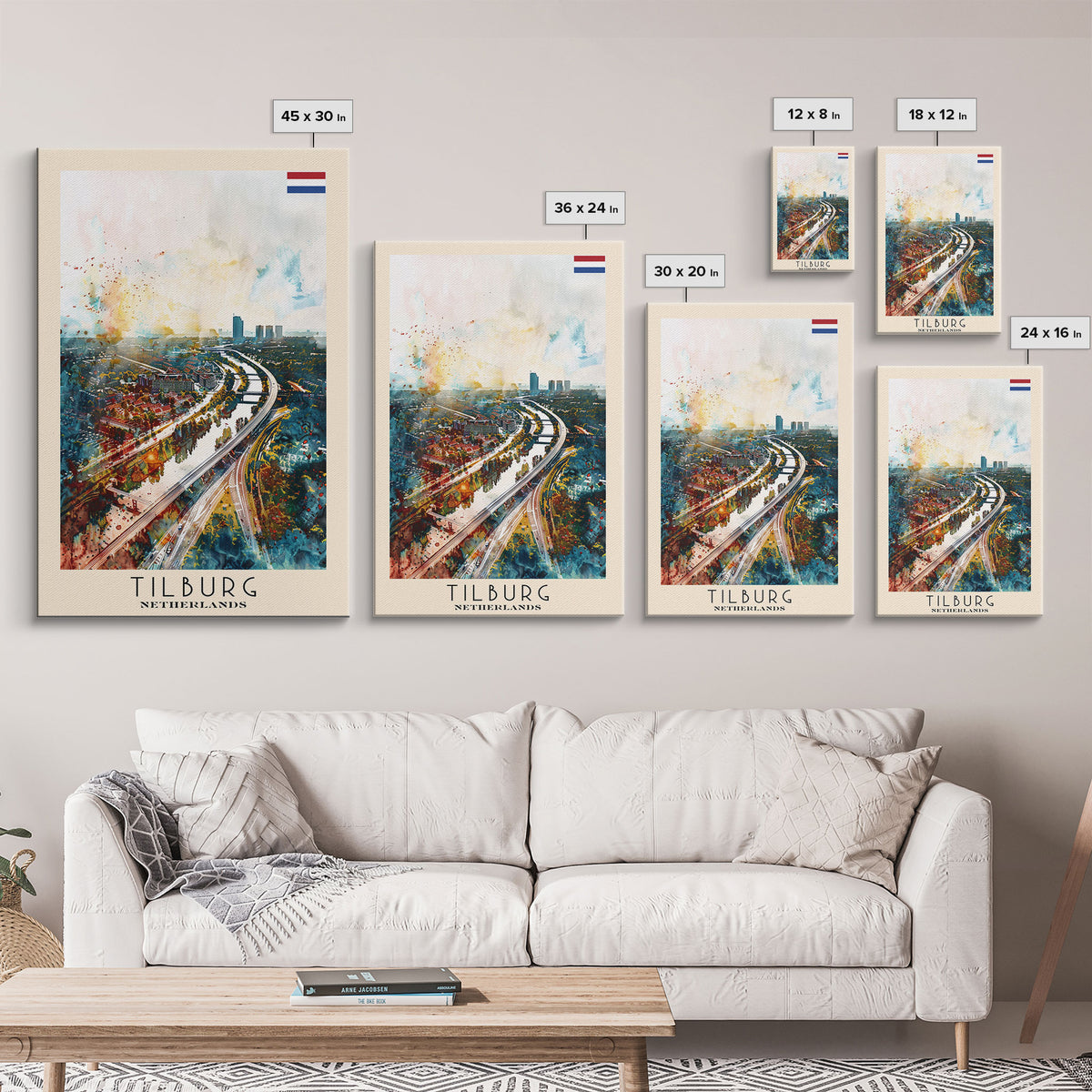 Tilburg Netherlands Travel Poster Framed Canvas Print, Watercolor Painting, Urban Wall Art, Home Decor, Dutch Cityscape, Trendy Decor