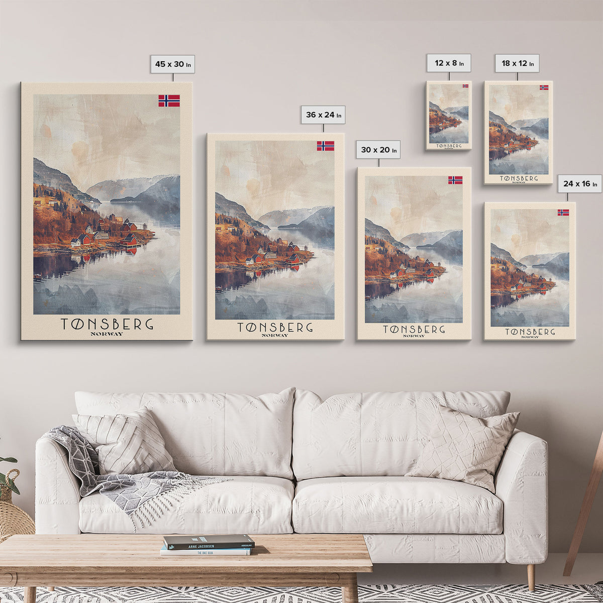 Tonsberg Norway Travel Poster Framed Canvas Print, Watercolor Painting, Coastal Wall Art, Home Decor, Norwegian Seaside, Coastal Charm