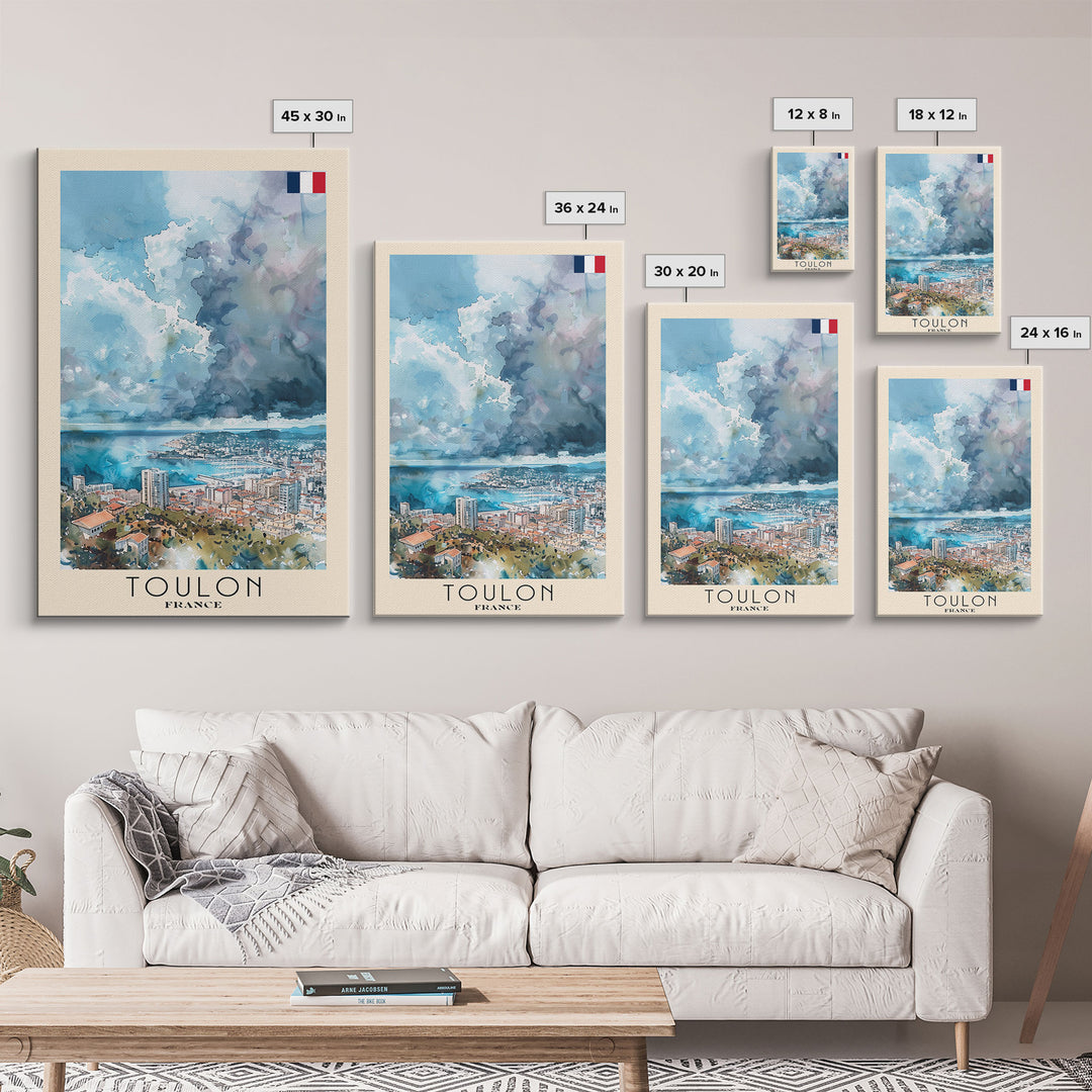 Toulon France Travel Poster Framed Canvas Print, Watercolor Painting, Coastal Wall Art, Home Decor, French Seaside, Nautical Decor