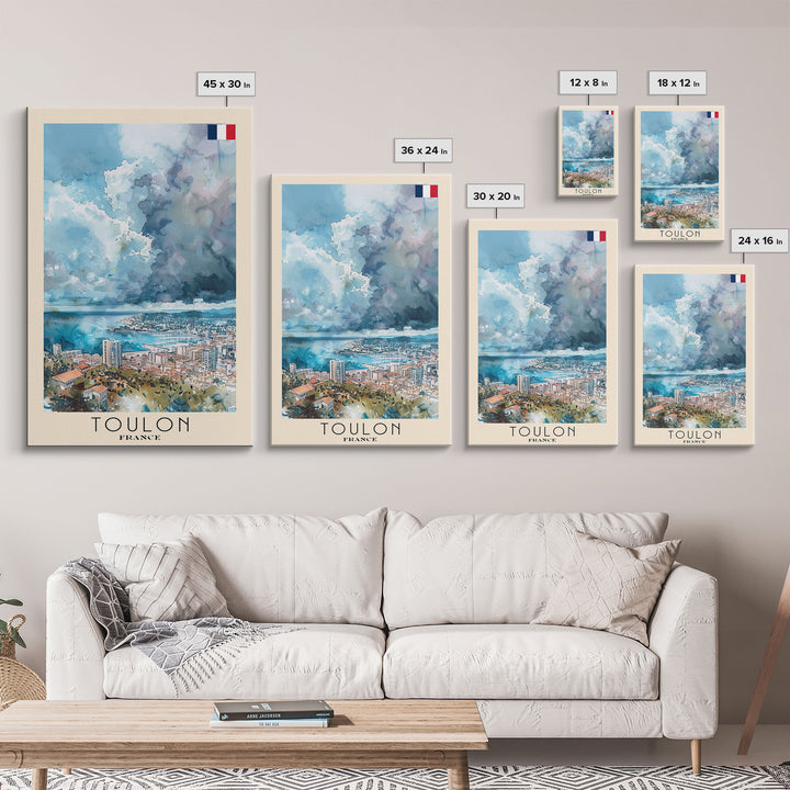 Toulon France Travel Poster Framed Canvas Print, Watercolor Painting, Coastal Wall Art, Home Decor, French Seaside, Nautical Decor