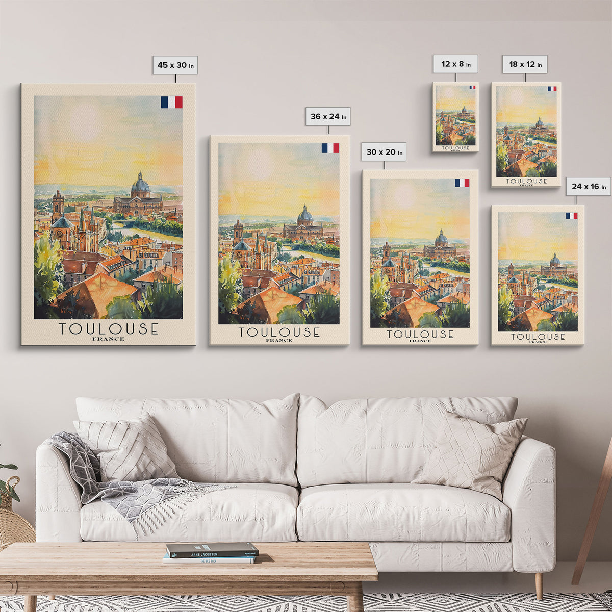 Toulouse France Travel Poster Framed Canvas Print, Watercolor Painting, Urban Wall Art, Home Decor, French Architecture, Stylish Decor