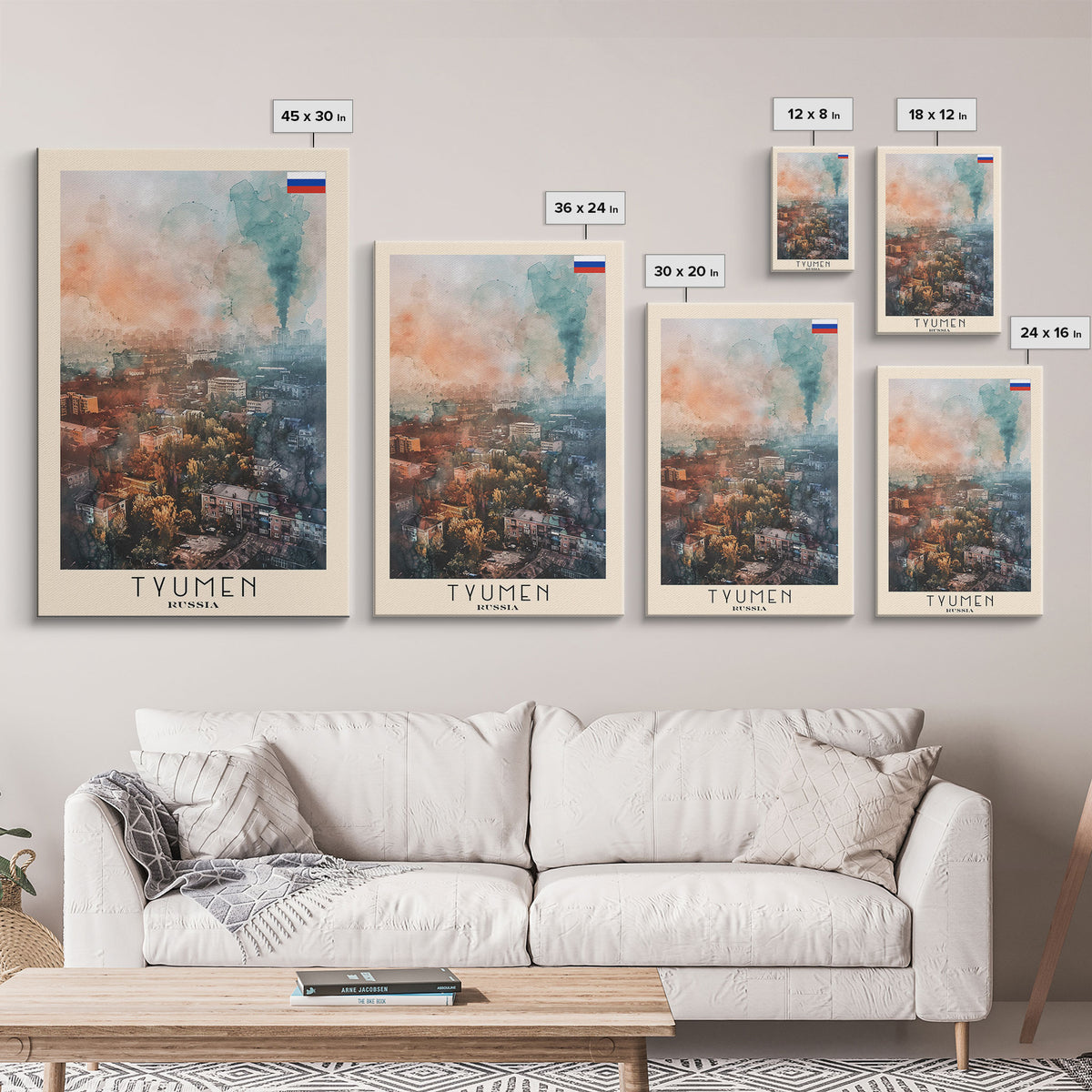 Tyumen Russia Travel Poster Framed Canvas Print, Watercolor Painting, Urban Wall Art, Home Decor, Russian Cityscape, Classic Art