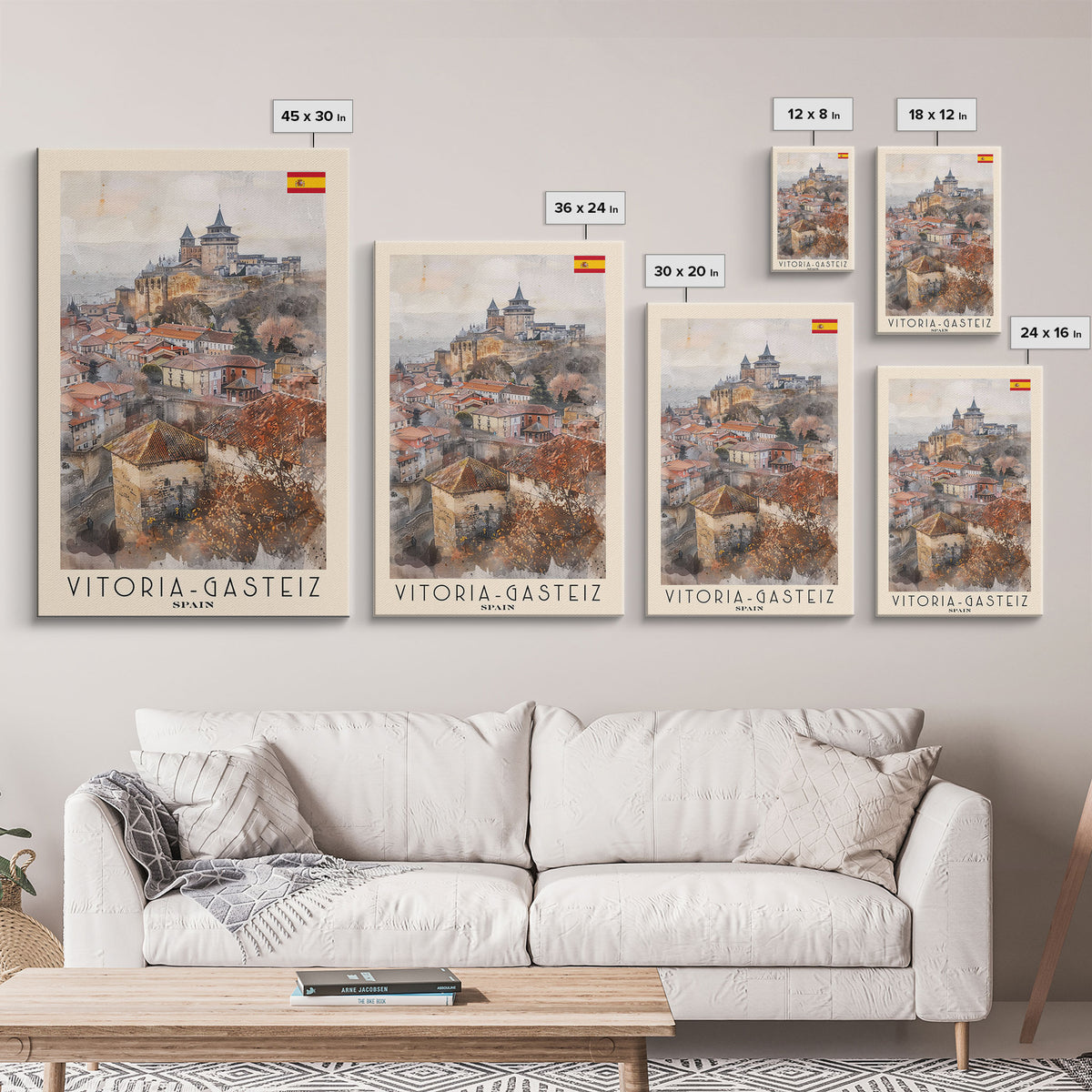 Vitoria Gasteiz Spain Travel Poster Framed Canvas Print, Watercolor Painting, Urban Wall Art, Home Decor, Spanish Cityscape, Trendy Art