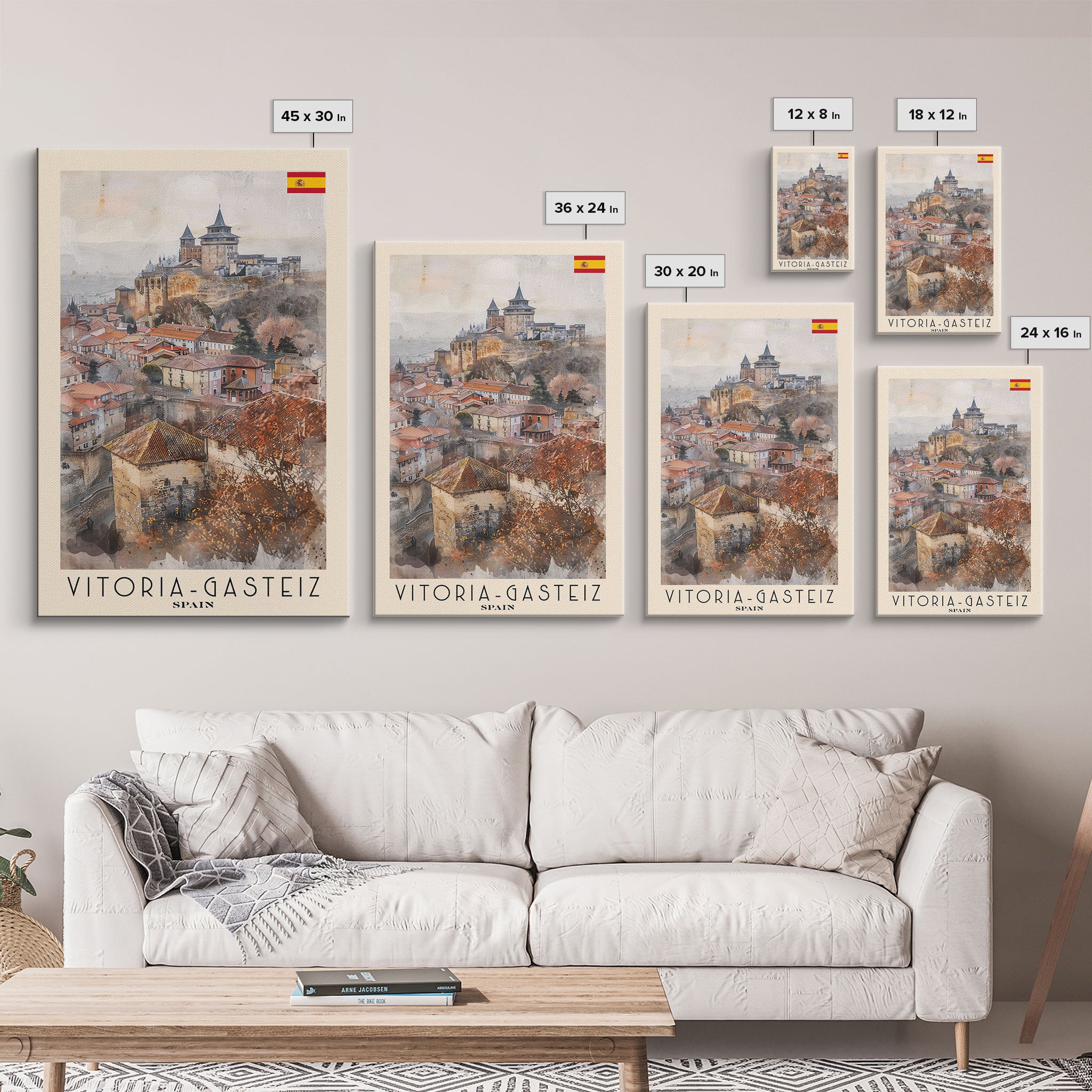 Vitoria Gasteiz Spain Travel Poster Framed Canvas Print, Watercolor Painting, Urban Wall Art, Home Decor, Spanish Cityscape, Trendy Art