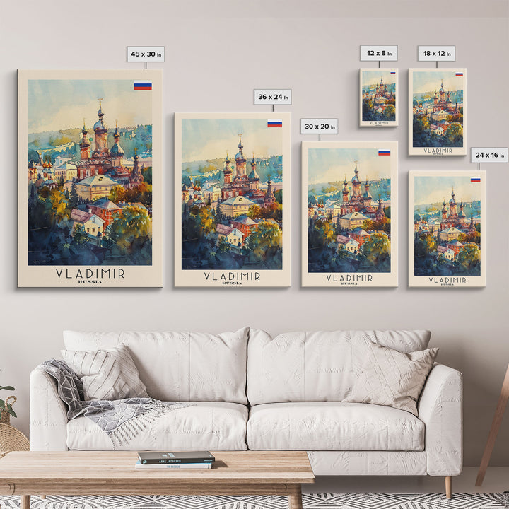 Vladimir Russia Travel Poster Framed Canvas Print, Watercolor Painting, Historic Wall Art, Home Decor, Russian Architecture, Classic Decor