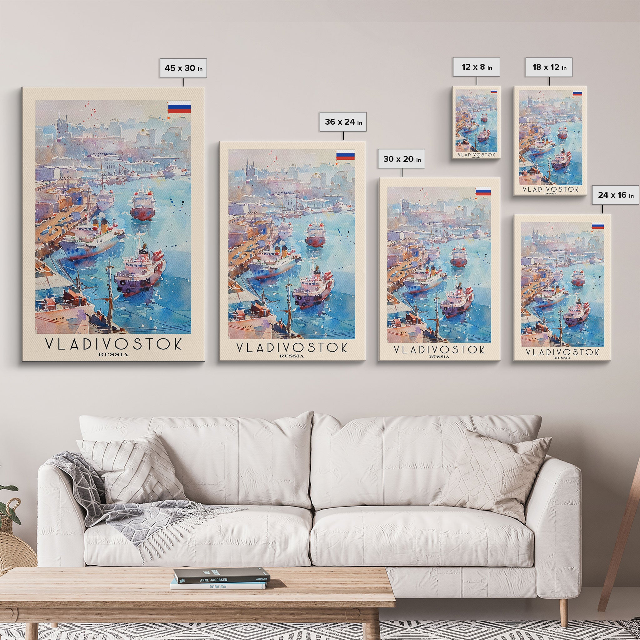 Vladivostok Russia Travel Poster Framed Canvas Print, Watercolor Painting, Coastal Wall Art, Home Decor, Russian Seaside, Nautical Art