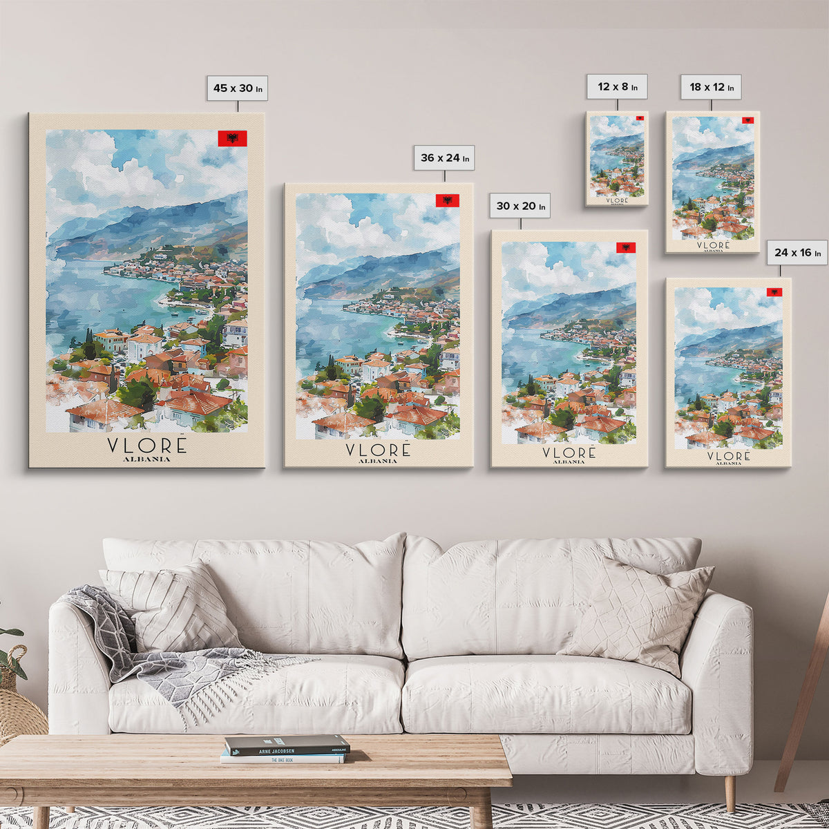 Vlor Albania Travel Poster Framed Canvas Print, Watercolor Painting, Scenic Wall Art, Home Decor, Albanian Landscape, Exotic Decor