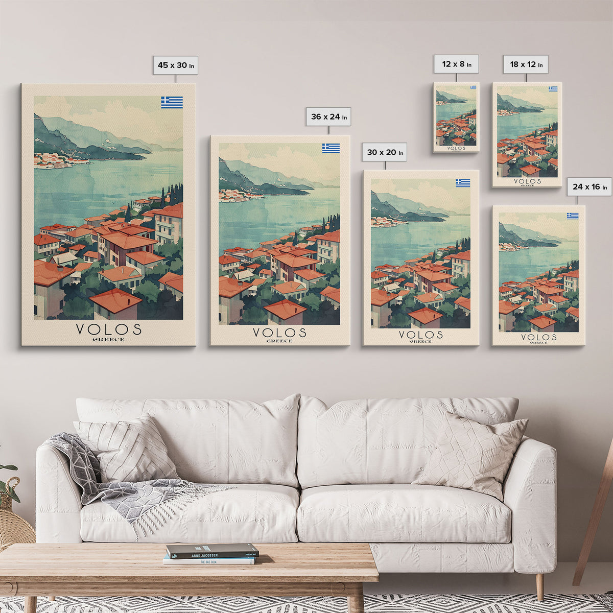 Volos Greece Travel Poster Framed Canvas Print, Watercolor Painting, Coastal Wall Art, Home Decor, Greek Seaside, Mediterranean Art