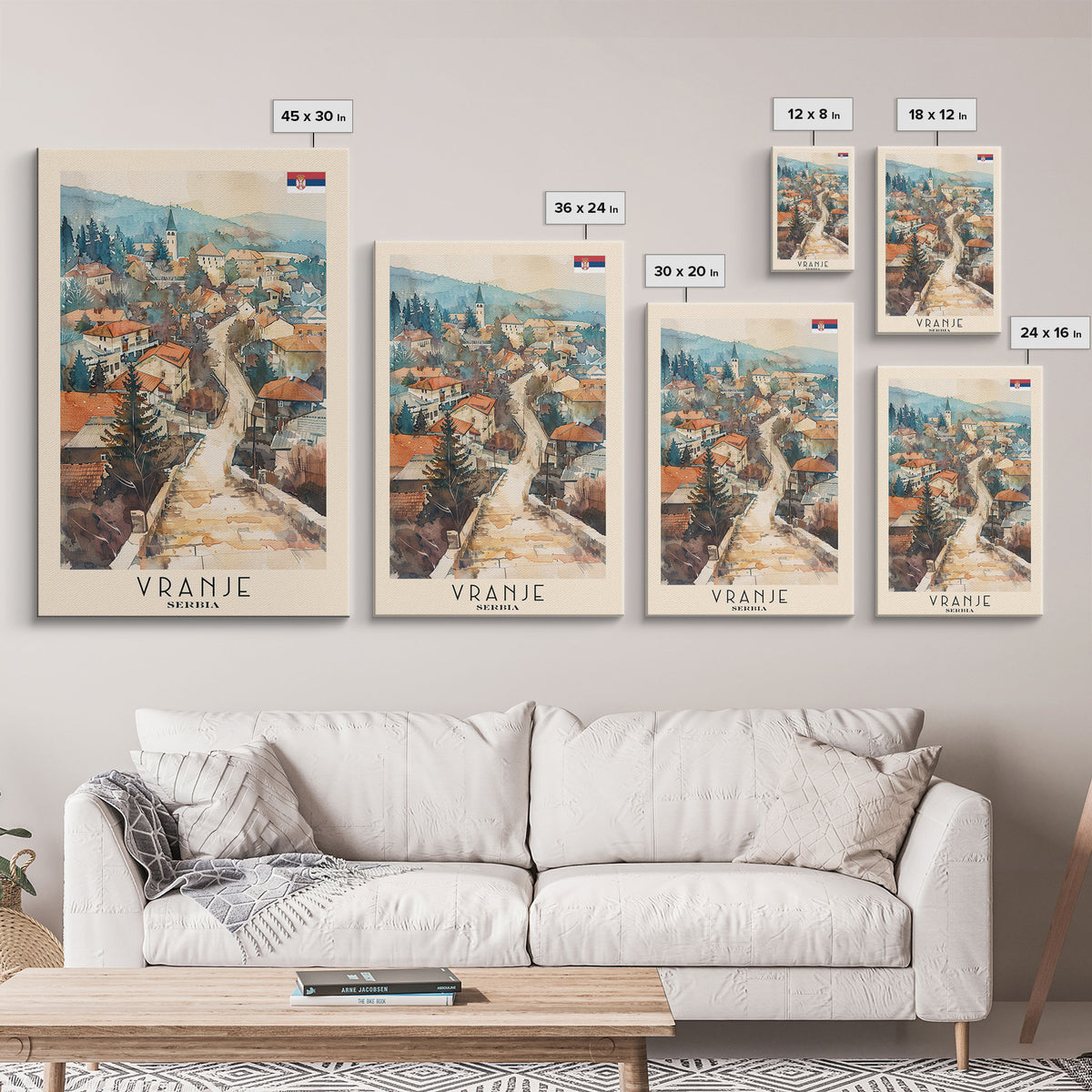 Vranje Serbia Travel Poster Framed Canvas Print, Watercolor Painting, Scenic Wall Art, Home Decor, Serbian Landscape, Traditional Art