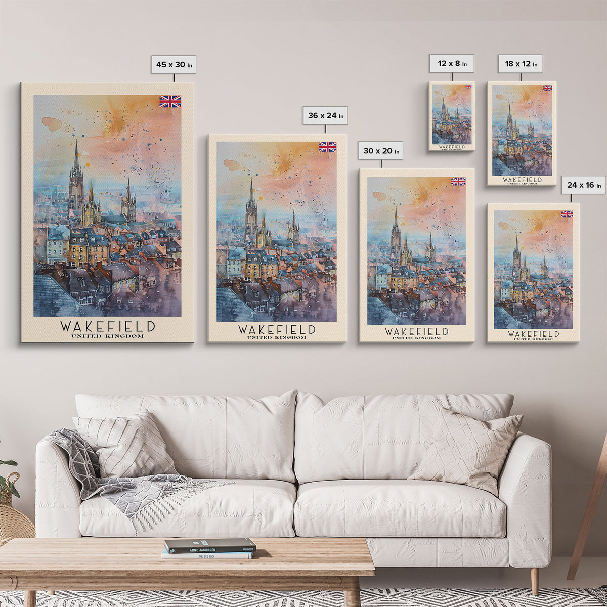 Wakefield United Kingdom Travel Poster Framed Canvas Print, Watercolor Painting, Urban Wall Art, Home Decor, British Cityscape, Elegant Decor