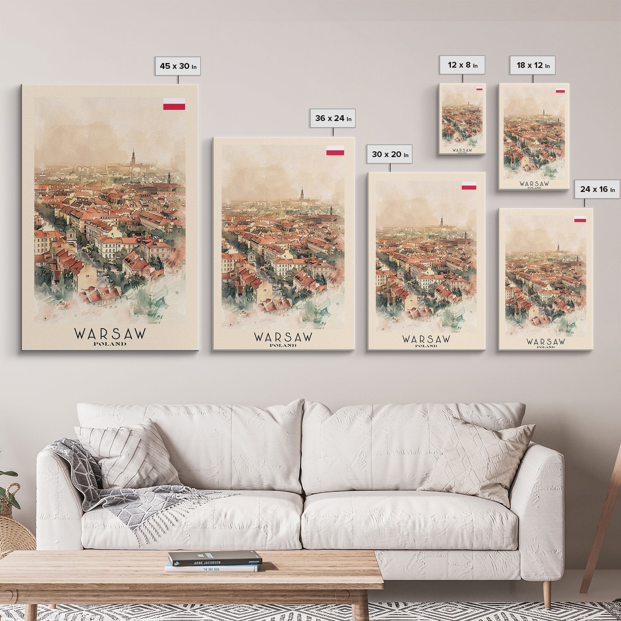 Warsaw Poland Travel Poster Framed Canvas Print, Watercolor Painting, Historic Wall Art, Home Decor, Polish Cityscape, Unique Gift Idea