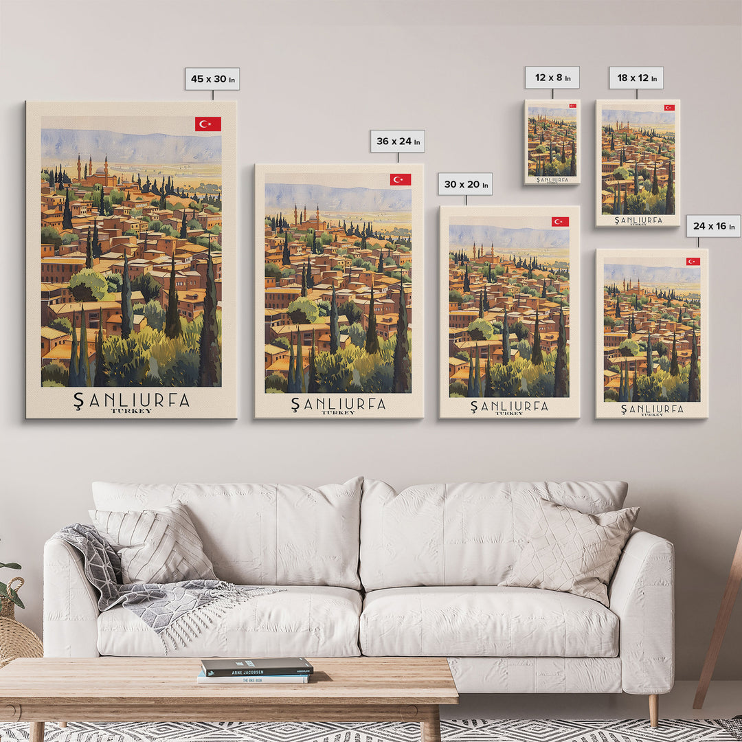 Historical Sanliurfa Panorama, Framed Canvas Print, Perfect for Bedroom Art, Travel Poster, Rustic Home Decoration, Watercolor Painting