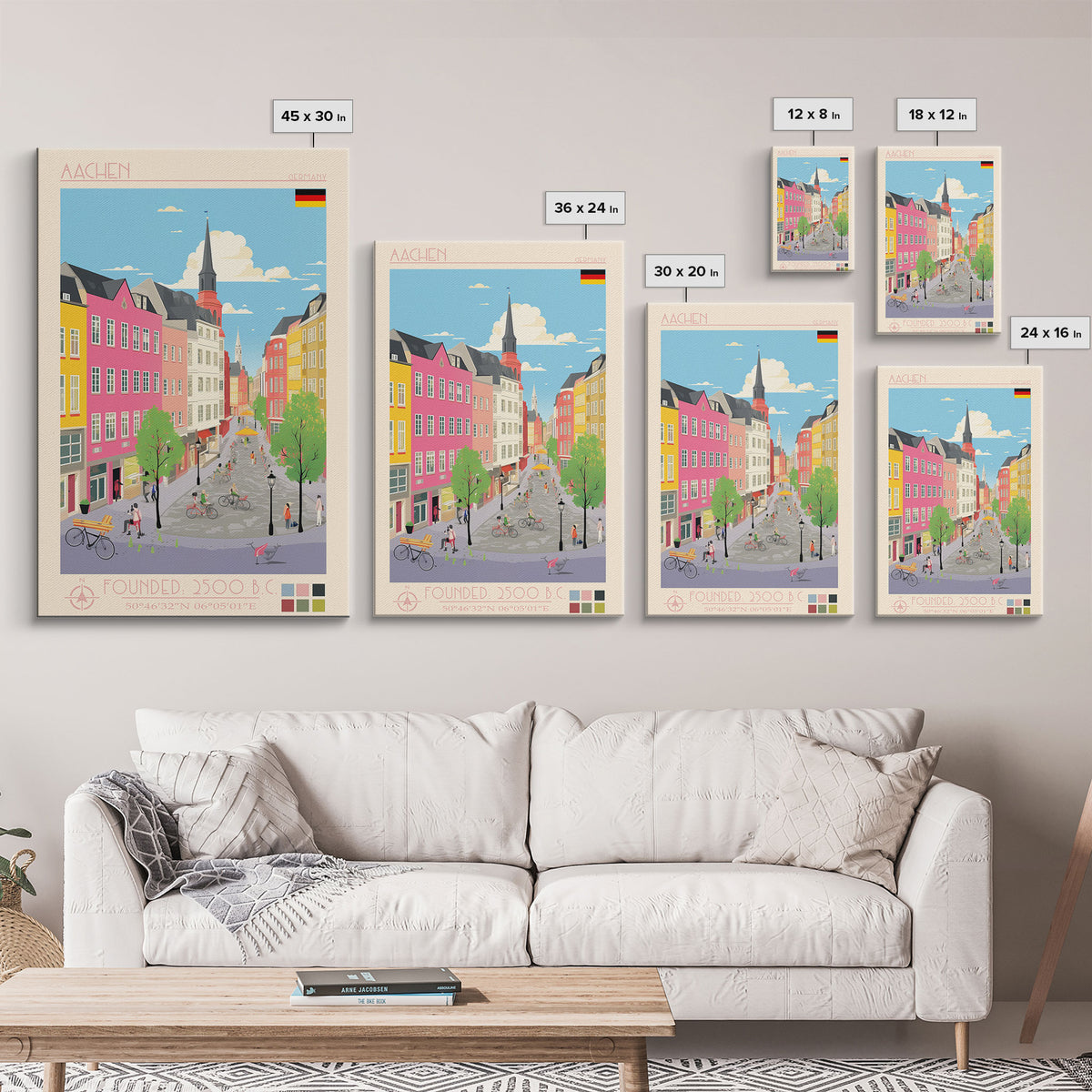 Aachen Germany Travel Poster Framed Canvas Print, Midcentury Modern Wall Art, Pop Art Home Decor, Vacation Gift, Living Room Art, Architectural Print