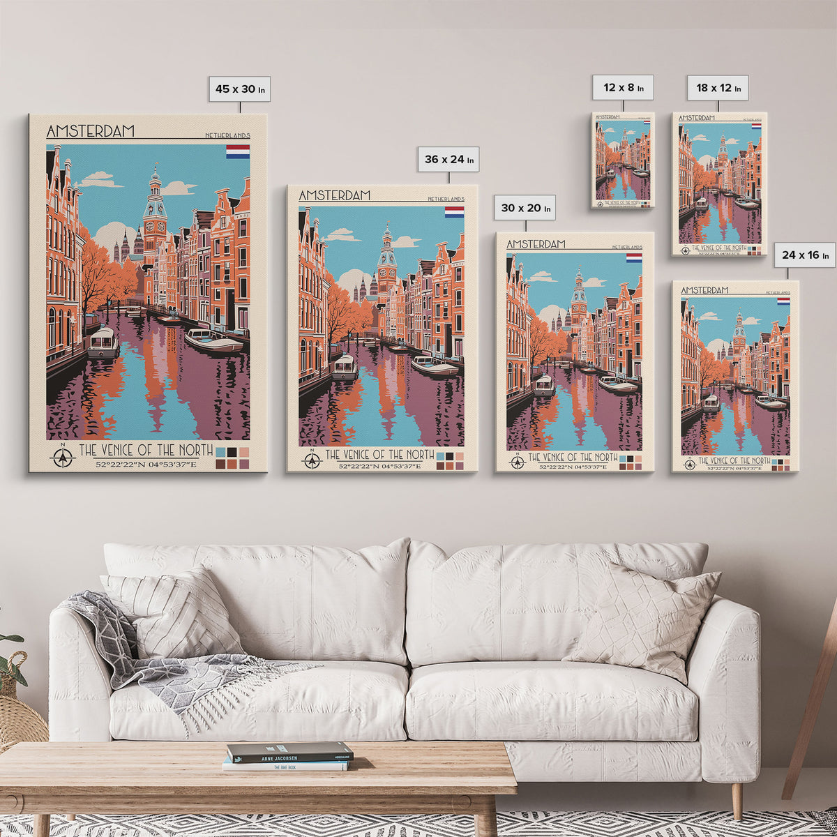 Amsterdam Netherlands Travel Poster Framed Canvas Print, Midcentury Modern Art, Pop Art Decor, Wall Art, Vacation Gift, Living Room Decoration, Scenic Print