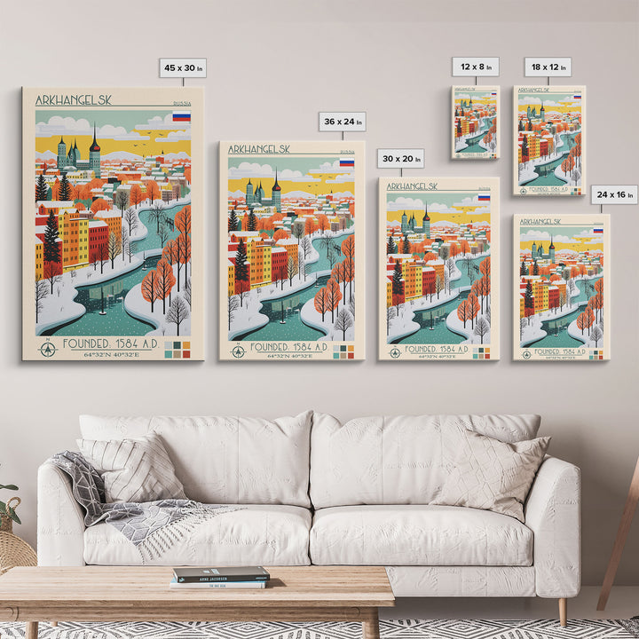 Arkhangelsk Russia Travel Poster Framed Canvas Print, Midcentury Modern Art, Pop Art Wall Decor, Home Decor, Vacation Gift, Living Room Art