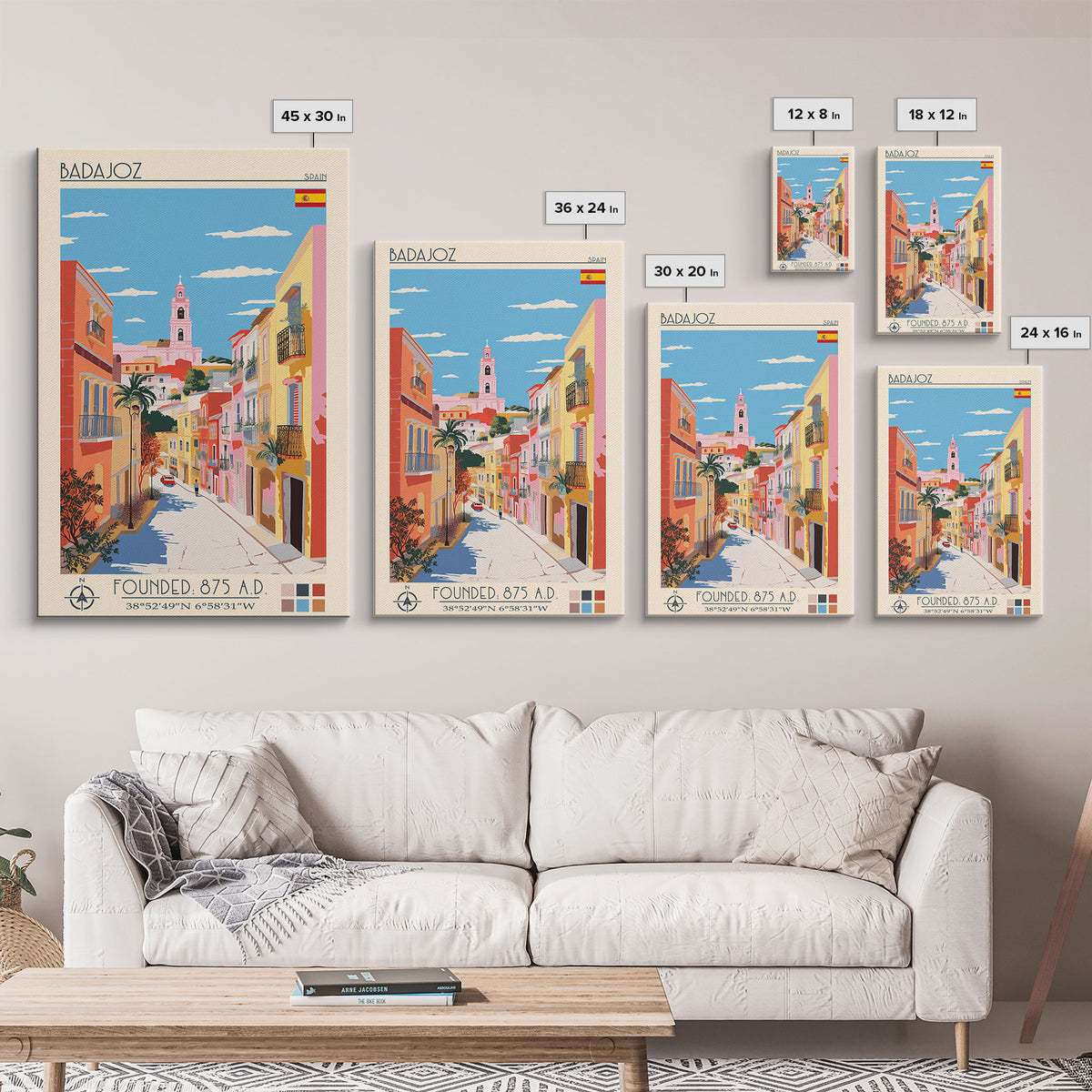 Badajoz Spain Travel Poster Framed Canvas Print, Midcentury Modern Art, Pop Art Wall Decor, Home Decor, Vacation Gift, Living Room Art