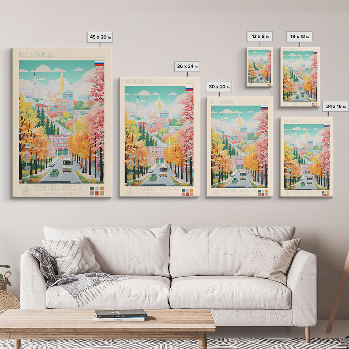 Balashikha Russia Travel Poster Framed Canvas Print, Midcentury Modern Art, Pop Art Wall Decor, Home Decor, Vacation Gift, Living Room Art