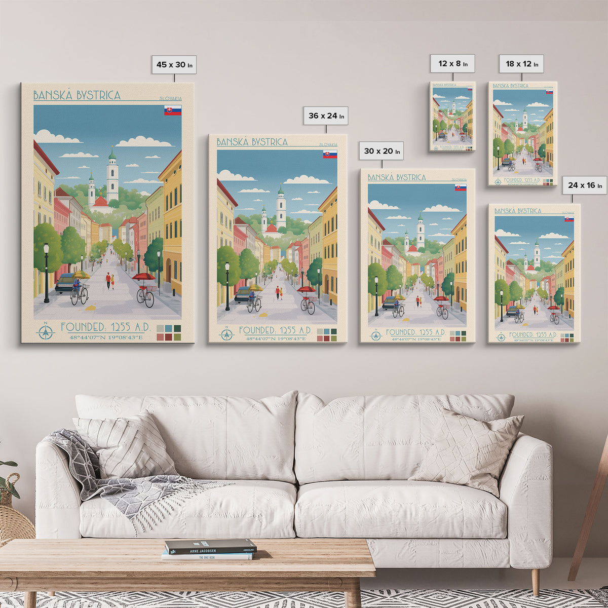 Banská Bystrica City in Slovakia Slovakia Travel Poster Framed Canvas Print, Midcentury Modern Art, Pop Art Wall Decor, Home Decor, Vacation Gift, Living Room Art