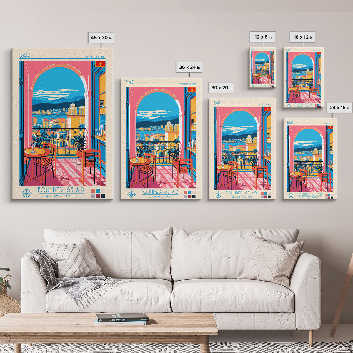 Bar Montenegro Travel Poster Framed Canvas Print, Midcentury Modern Art, Pop Art Wall Decor, Home Decor, Vacation Gift, Living Room Art