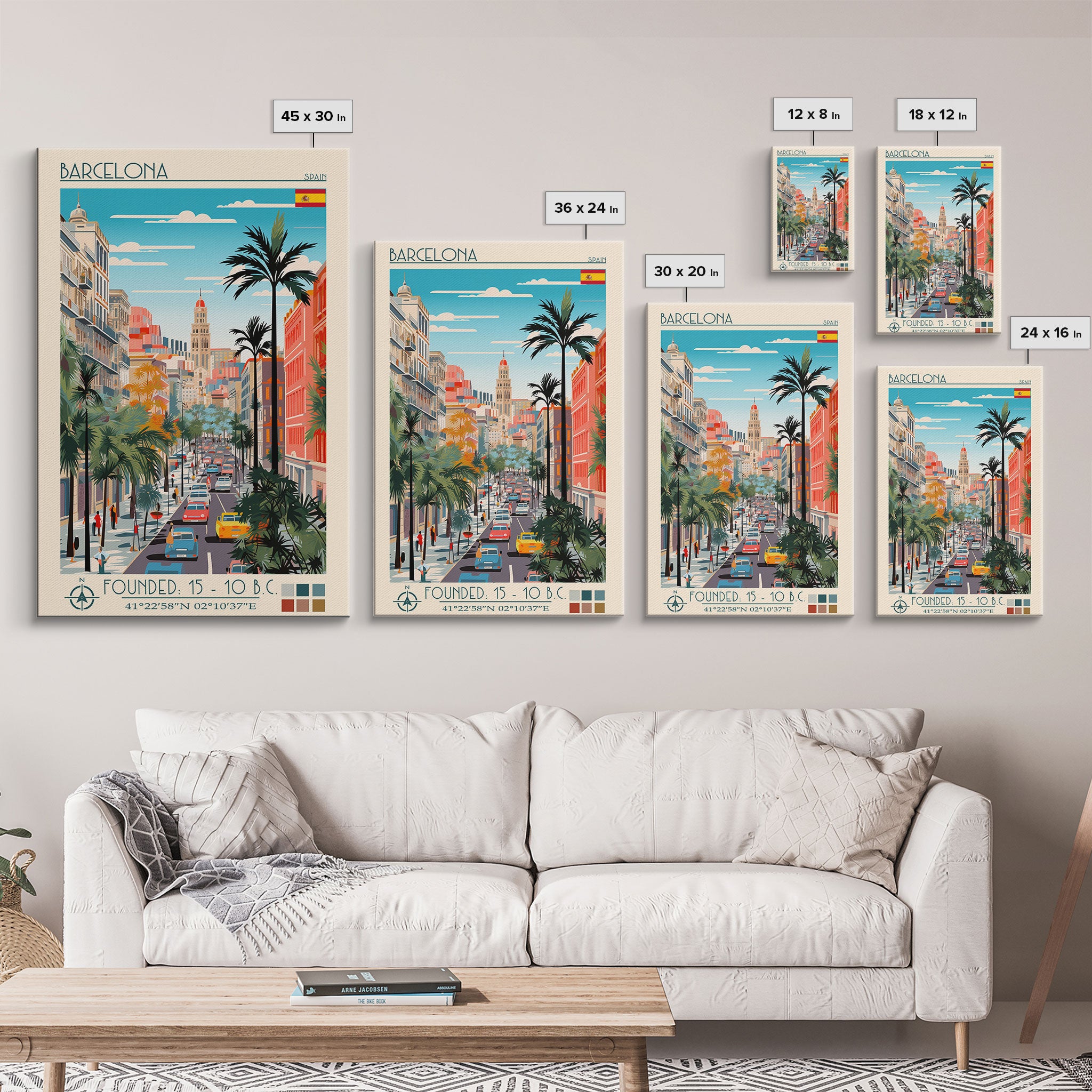 Barcelona Spain Travel Poster Framed Canvas Print, Midcentury Modern Art, Pop Art Wall Decor, Home Decor, Vacation Gift, Living Room Art