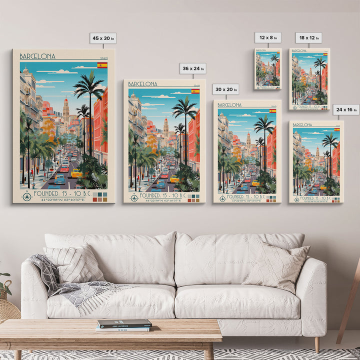 Barcelona Spain Travel Poster Framed Canvas Print, Midcentury Modern Art, Pop Art Wall Decor, Home Decor, Vacation Gift, Living Room Art