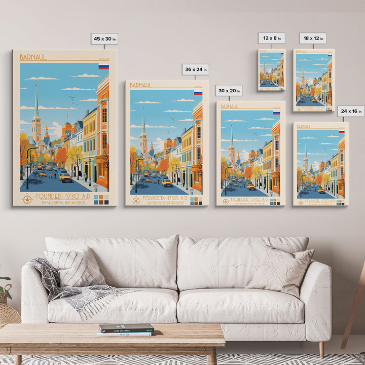 Barnaul Russia Travel Poster Framed Canvas Print, Midcentury Modern Art, Pop Art Wall Decor, Home Decor, Vacation Gift, Living Room Art