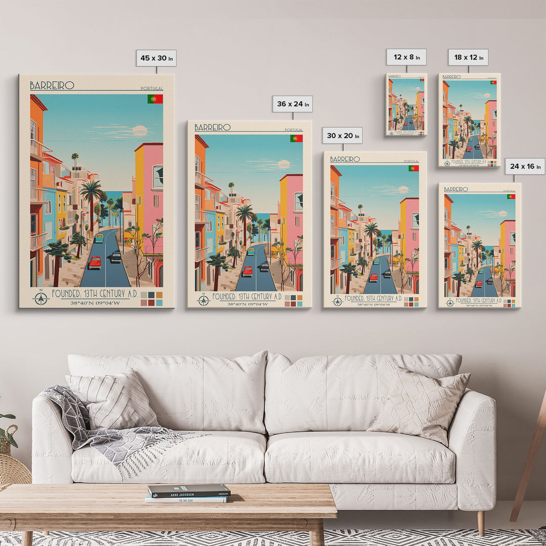 Barreiro Portugal Travel Poster Framed Canvas Print, Midcentury Modern Art, Pop Art Wall Decor, Home Decor, Vacation Gift, Living Room Art