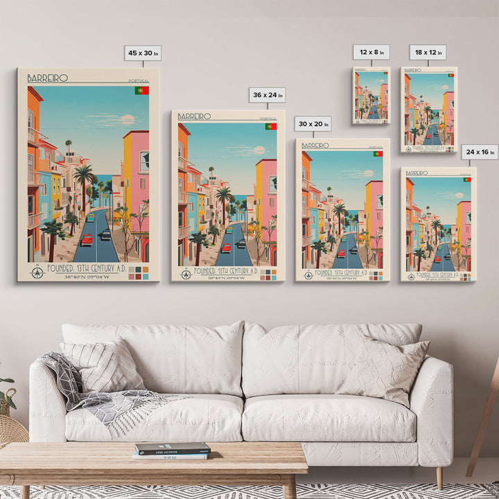 Barreiro Portugal Travel Poster Framed Canvas Print, Midcentury Modern Art, Pop Art Wall Decor, Home Decor, Vacation Gift, Living Room Art