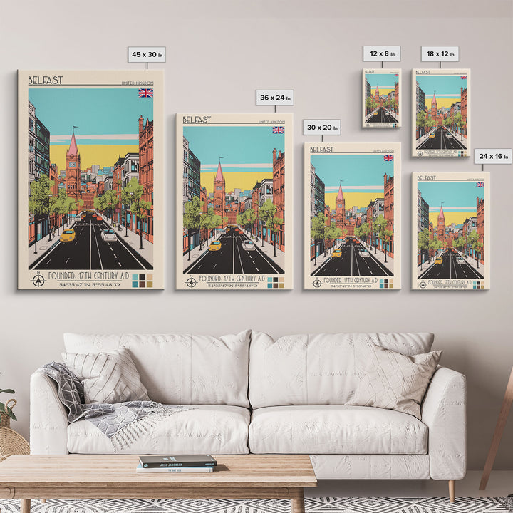 Belfast United Kingdom Travel Poster Framed Canvas Print, Midcentury Modern Art, Pop Art Wall Decor, Home Decor, Vacation Gift, Living Room Art