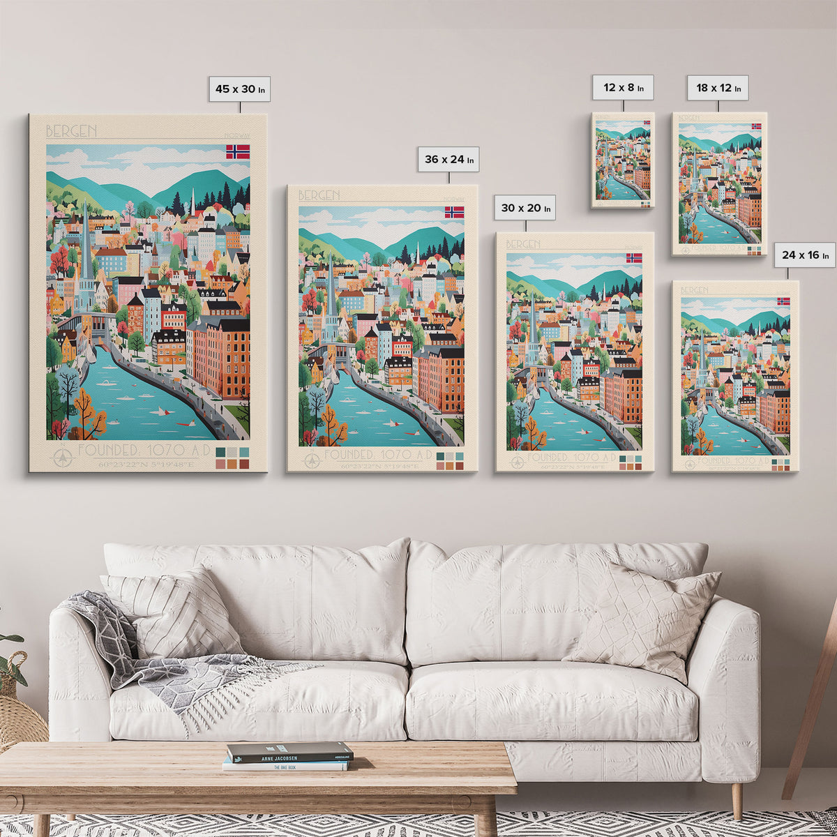 Bergen Norway Travel Poster Framed Canvas Print, Midcentury Modern Art, Pop Art Wall Decor, Home Decor, Vacation Gift, Living Room Art