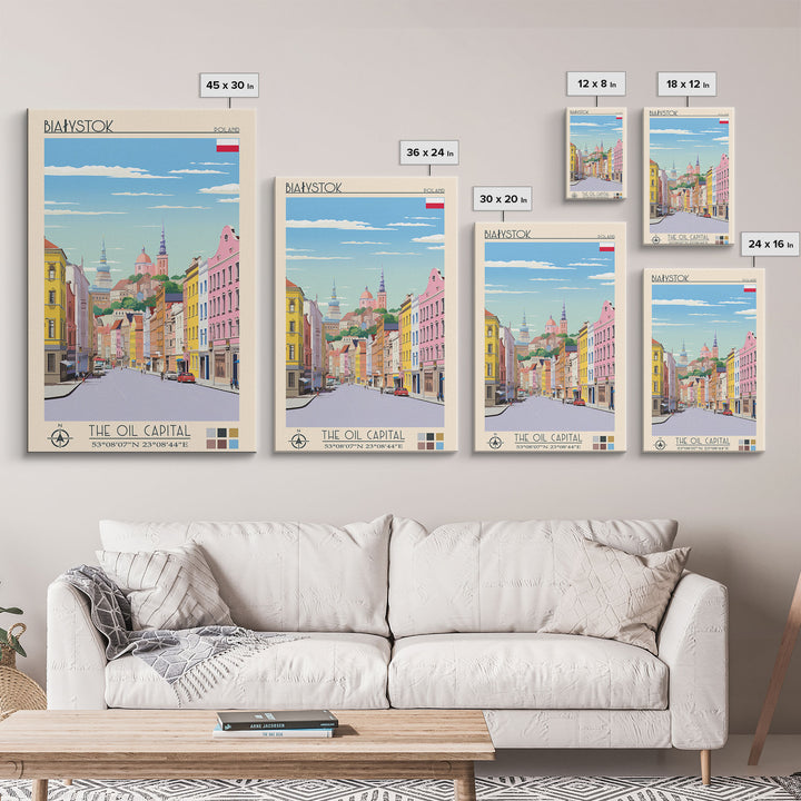 Białystok Poland Travel Poster Framed Canvas Print, Midcentury Modern Art, Pop Art Wall Decor, Home Decor, Vacation Gift, Living Room Art