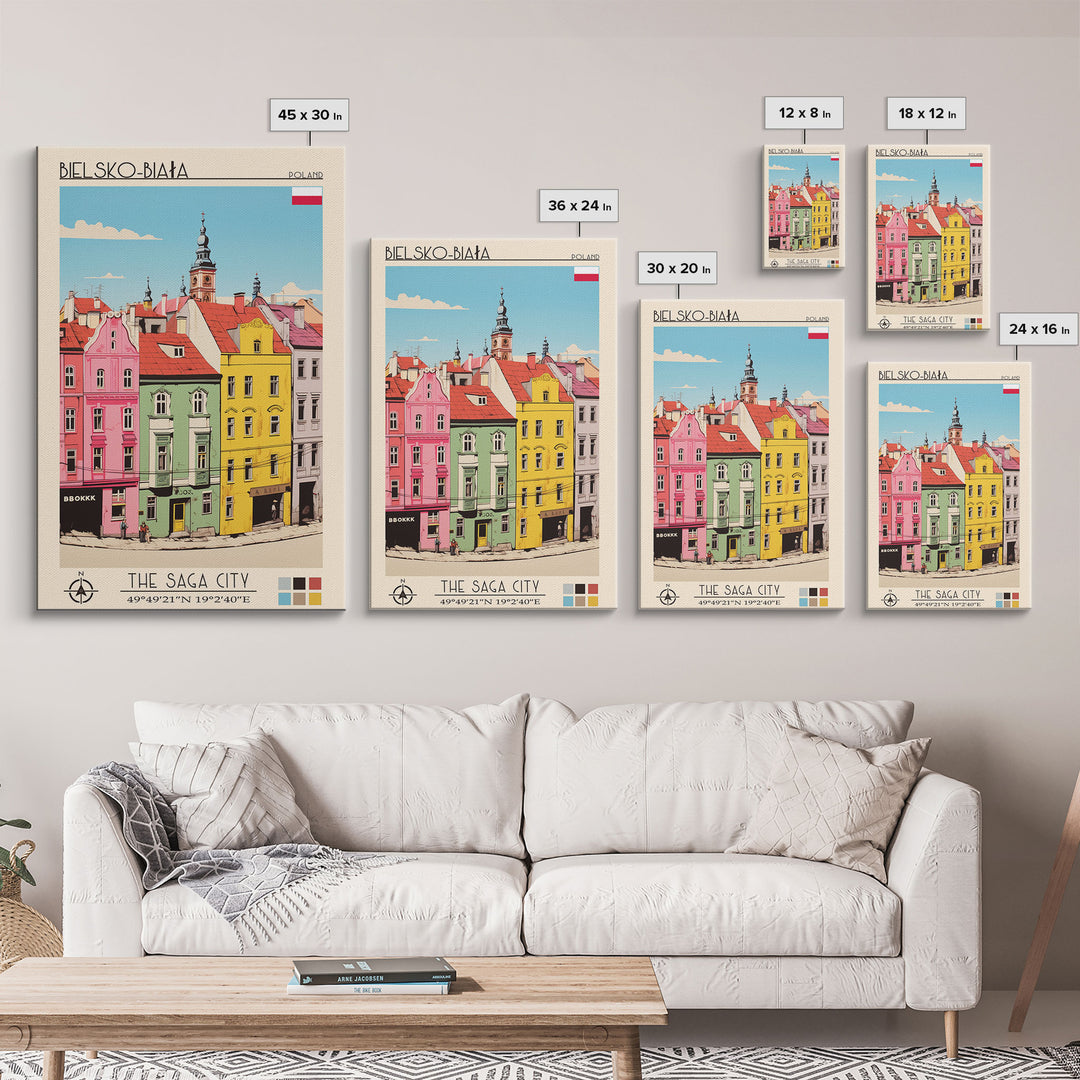 Bielsko-Biała Poland Travel Poster Framed Canvas Print, Vintage Style, Pop Art Home Decor, Scenic Wall Art, Living Room Decoration