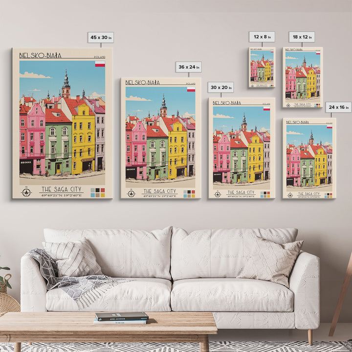 Bielsko-Biała Poland Travel Poster Framed Canvas Print, Vintage Style, Pop Art Home Decor, Scenic Wall Art, Living Room Decoration
