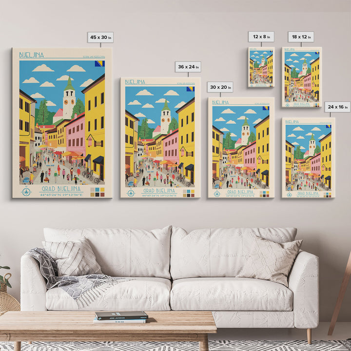 Bijeljina Bosnia Travel Poster Framed Canvas Print, Midcentury Modern Art, Pop Art Wall Decor, Home Decor, Living Room Art, Unique Gift